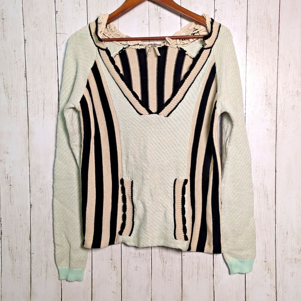 BKE Medium Striped Knit Crochet Lace Hooded Sweater Mint Black Boho